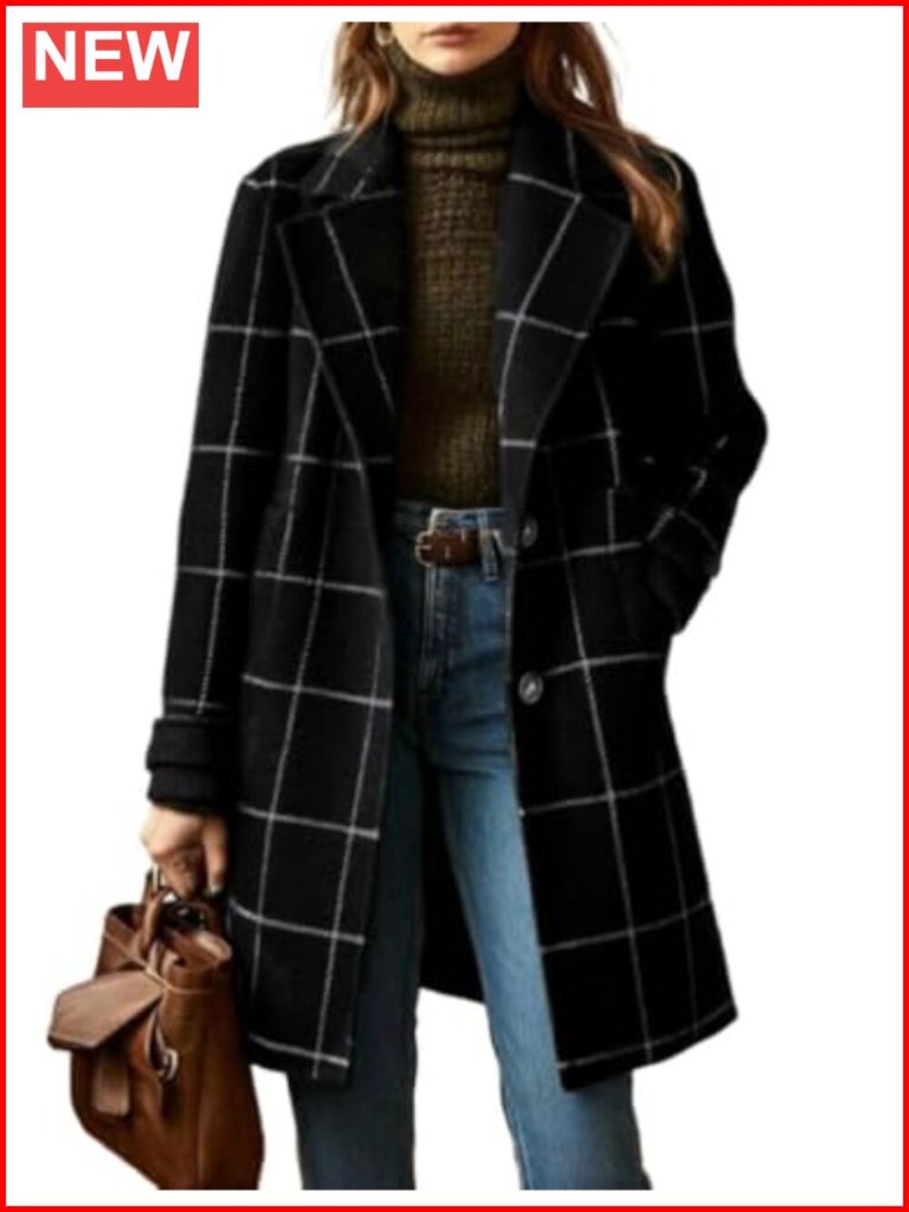 Women's Plaid Wool Trench Coat Notch Collar Button Down Mid Long